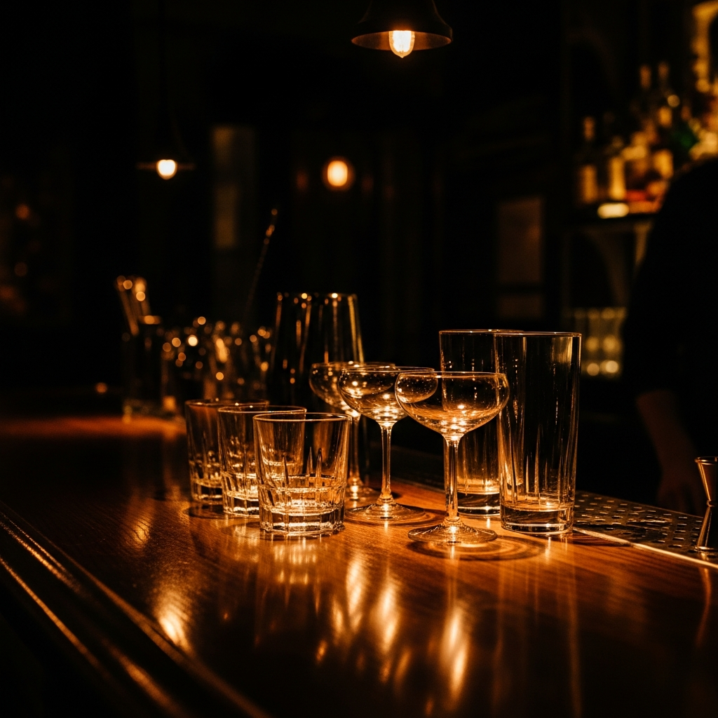 moody cocktail bar counter at night, low amber lighting, empty glasses, dark and cinematic