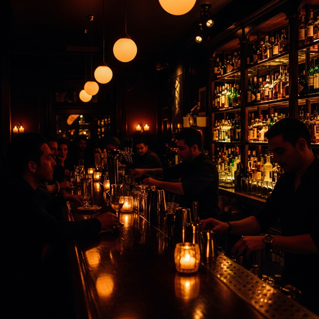 intimate cocktail bar interior night, candle light, deep shadows, Madrid nightlife, cinematic moody